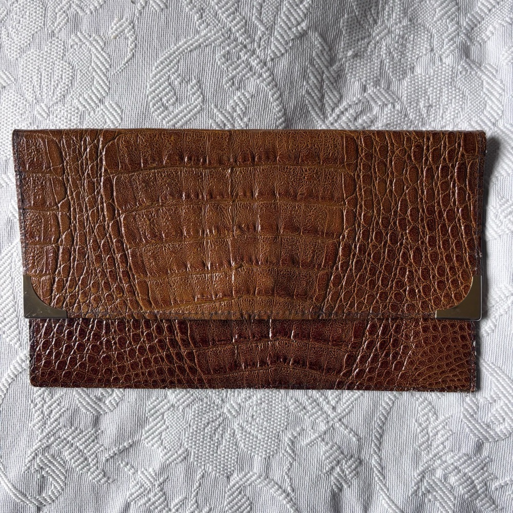 Vintage Brown Leather Crocodile Embossed Clutch